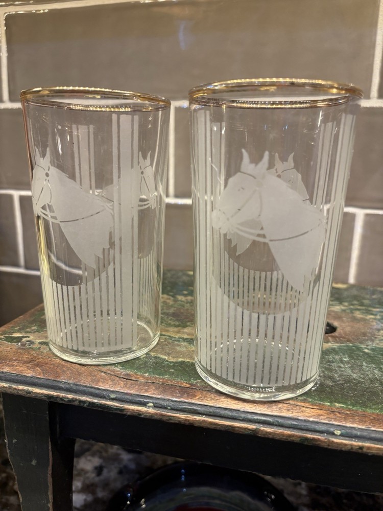 Vtg Pair Of Satin Etched Horse & Vertical Strips Gold Rim 4.75” Glasses