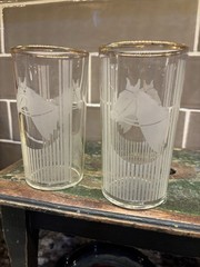 Vtg Pair Of Satin Etched Horse & Vertical Strips Gold Rim 4.75” Glasses