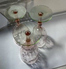 3 Vintage Louis Weston Depression Glass Watermelon Pink/Green Etched Wine/Waters