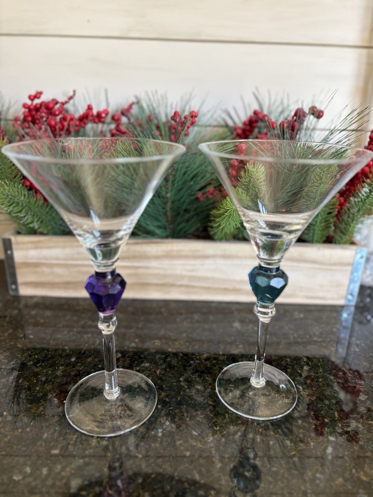 GEMSTONES by Gorham 2 Martini Glasses Purple & Emerald Green 9 3/8 Chip REPAIRED