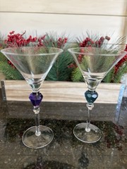 GEMSTONES by Gorham 2 Martini Glasses Purple & Emerald Green 9 3/8 Chip REPAIRED