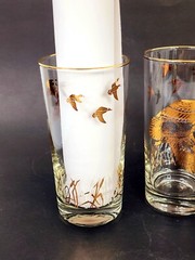 Rare Dominion 4 Highball Tumblers Glasses 24K Gold Ducks Mallard Hunting MCM