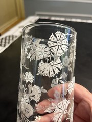6pc Vintage Libbey Clear w White Flowers 12oz Tumbler Glasses