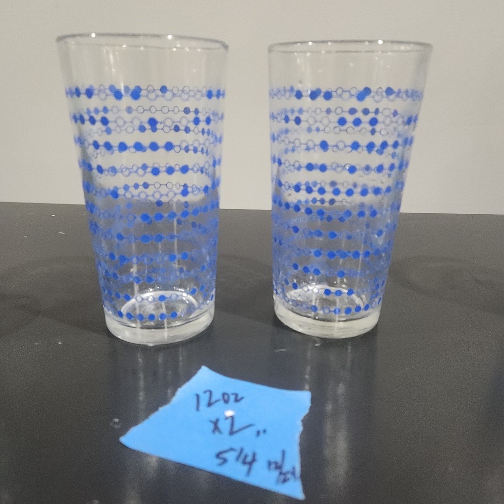 vtg 2 MCM Highball Bar Glasses Polka Dot circles tumblers 12 oz 5 1/4″ marked