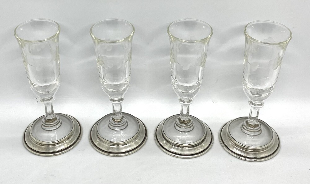 Vintage B-I sterling Silver Etched Crystal Cordial Glasses 4 Vodka shot