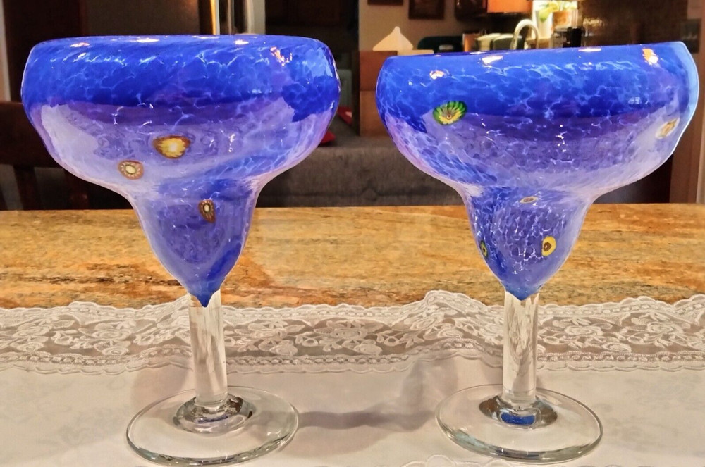 2 Large Hand Blown Blue Margarita Glasses Millefiore Murano Style 20 oz Capacity