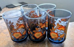 Vintage Libbey Bolero Franco Orange Poppies Smoky Blue Juice Glasses Set Of 5