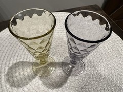 2 EAPG 1890’s Bryce Bros Diamond Quilted Glass Stem Goblets, Yellow & Grey