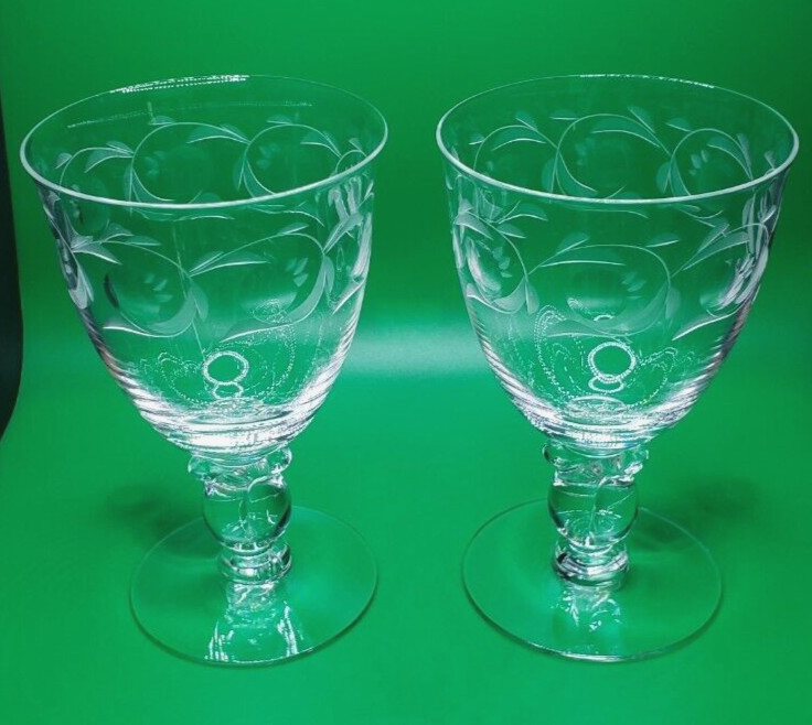 Heisey Glass Lariat Water Goblet with Moonglo Cutting – set of 2