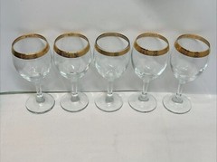 Vintage 1960-1970 Stemmed And Gold-Rimmed Wine Glasses Set Of 5 Glasses PO
