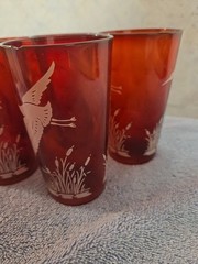 Vintage Anchor Hocking Ruby Red Royal Wild Geese And Cattails Tumbler Set Of 7