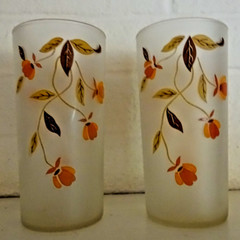 Two Vintage Autumn Leaf Jewel Tea Satin Glasses, 5 1/2″ tall, 12 oz.