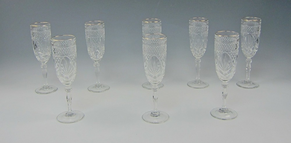 Lot of 8 Cris D’Arques/Durand ANTIQUE GOLD-KNOB STEM Champagne Flutes(s)Multi AV