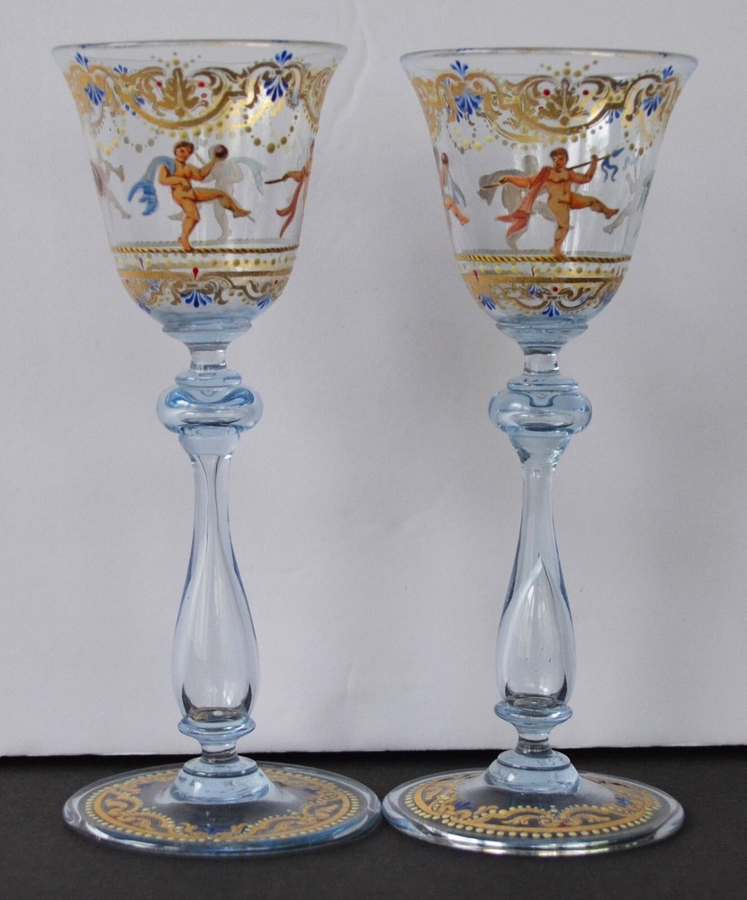 Venetian Salviati Blue Enamel Sabine Mythology Wine Goblets (2)