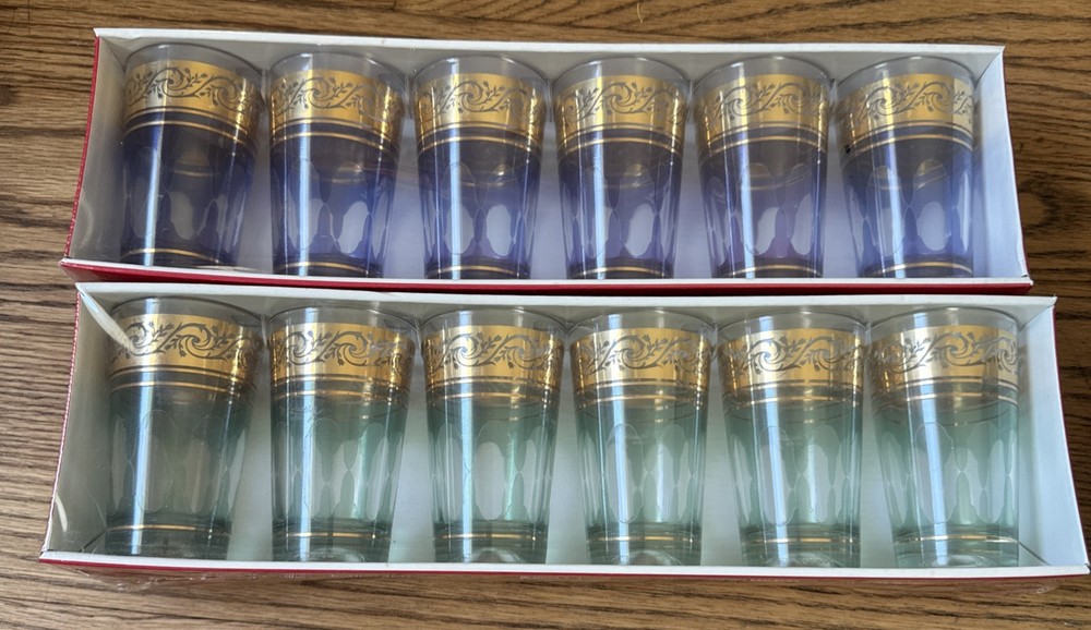 (2) Sets Of 6 M. Missary Paris Juice Glasses 3.75” Green Lavender &Gold. New