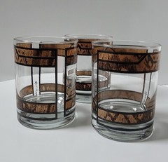 3 Georges Briard Brown and Tan Design Low Ball Old Fashioned Glasses Signed