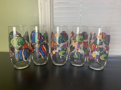Vintage Kinney Tea Glasses Glass Multiple Colors Tropical Fish Set 5 Pc EUC