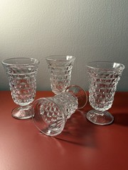 4 Vintage Fostoria American Clear Footed 4 oz Juice Glasses 4-3/4″ Tall, Cubist
