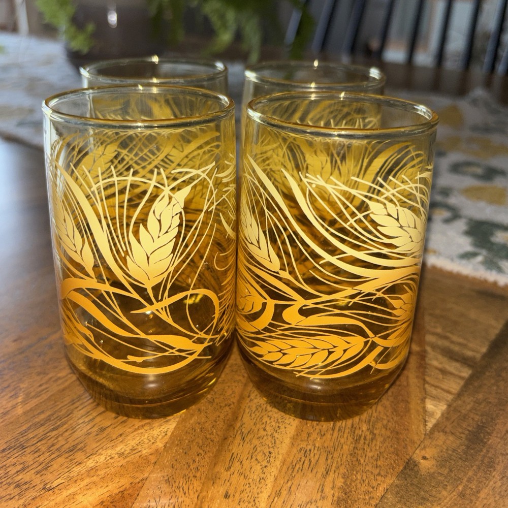 Vintage MCM Anchor Hocking Juice Glasses Autumn Harvest Amber Wheat 4” Tall