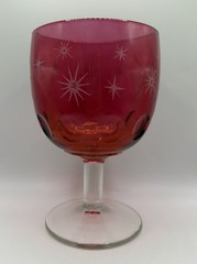Bartlett Collins Etched Atomic Starburst Cranberry Red Thumbprint Glass Goblet