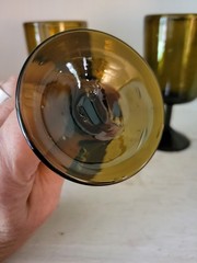 Vintage Hand Blown Amber Green Wine Glasses Mid Century Rustic Mediterranean