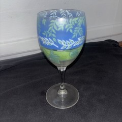 Vintage Luminarc France Etched Leaf Vine Blue Green Wine Glass Mid-Century