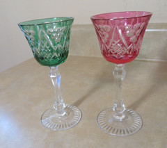 Two Cut to Clear Crystal Glass Wine Liquor Glasses, Pink & Green, 5″ tall