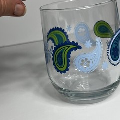 Vintage Set of 2 CRISA LIBBEY Glass Paisley Blue Green White 4.5″ stemless wine