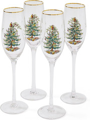Spode Christmas Tree 8.45 Oz. Champagne Fluted Glasses with Gold Rims, Set of 4