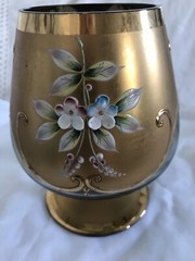 Vintage Bohemian Glass Amber Color Brandy Snifter Gold Applied Flower Decoration