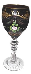 Bohemian Cut To Clear Crystal Hand Painted Goblet With Gold Trim & Floral Detail