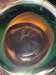Vtg Hand Blown Art Glass Swirl Paperweight Emerald Green Amber Brown Cavern Orb
