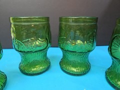4 Vintage Fidenza Italy Green Embossed Floral Juice Glasses Mid-Century Modern