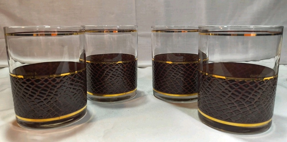 MCM Culver Alligator 22k Gold Trim Set Of 4 Double RocGlasses 1960s Barware VTG