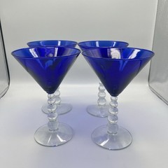 Set of 4 Cobalt Blue Martini Glasses Clear Stacked Ball Beaded Stem Art Glass