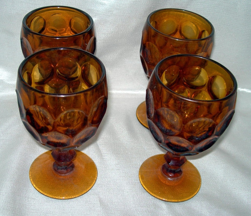 FOUR (4) Imperial Glass Provincial Whirlpool Amber Wine Glasses Brown Footed