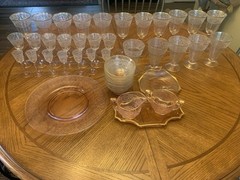 Vintage Exquisite Pink Glastonbury Lotus Set 889 Etched 41 Pieces w Gold Rim