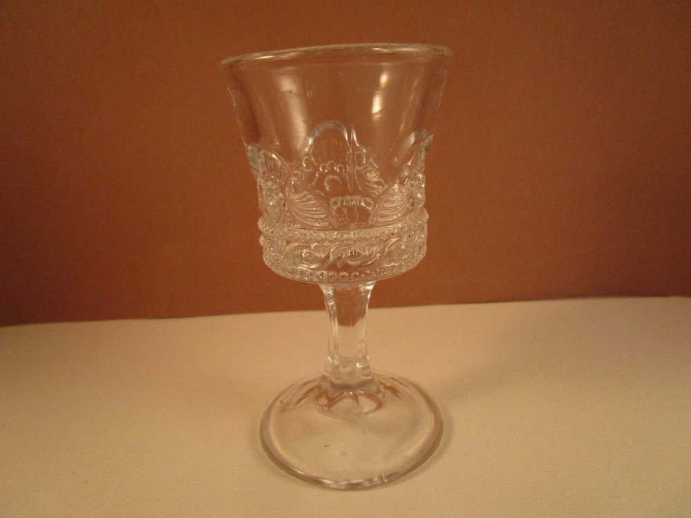 Antique EAPG Clear US Glass Jewel Lacy Medallion Wine Goblet