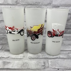 Frosted Antique Car Tumblers 1908 Buick 1914 Stutz 1904 Cadillac 3 Vintage
