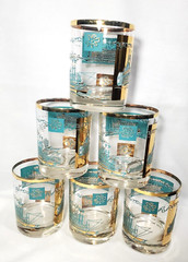 Steamboat Southern Comfort Double Old Fashion 22 Karat Gold an Aqua Set of 6