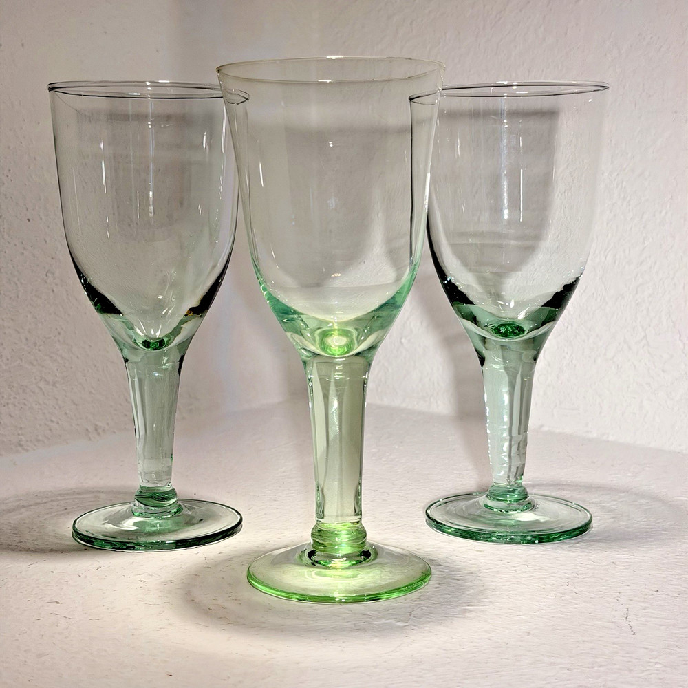 Hand Blown Green Tint Stemmed Wine Glasses Set of 3 Vintage Artisan 8oz