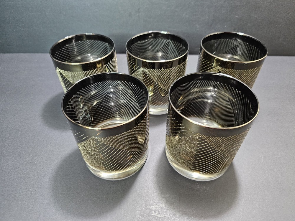 Vtg 1950s Set of 5 On The Rocks Drinking Glasses Black~Silver Textured Geometric