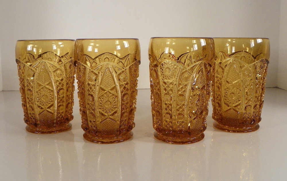 Imperial DAISY AND BUTTON Amber Glass Tumbler (s) LOT OF 4 Star Cane