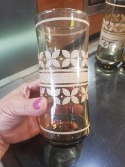 Libbey Brown Glass Beige Flowers & Band 6 Cooler Glass Tumblers 6 3/8 » 16 oz