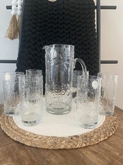 RARE NEW VINTAGE Italglass Mouth Blown Lead Free Crystal Set Pitcher & 6 Glasses