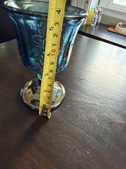 Blue Iridescent Carnival Glass Grape & Leaf Goblet Cup 4in Tall x 4in Dia