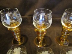 Antique GLASS ROMER type SET 6 goblets amber Etched w/ PRUNTS Bohemian 4 Oz.