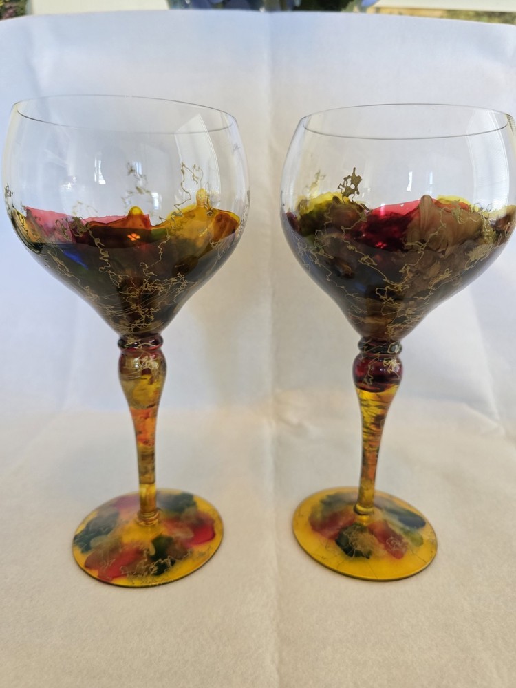 Vintage Euroglass Curtea Sticlarului Hand Painted Wine Glasses (2)