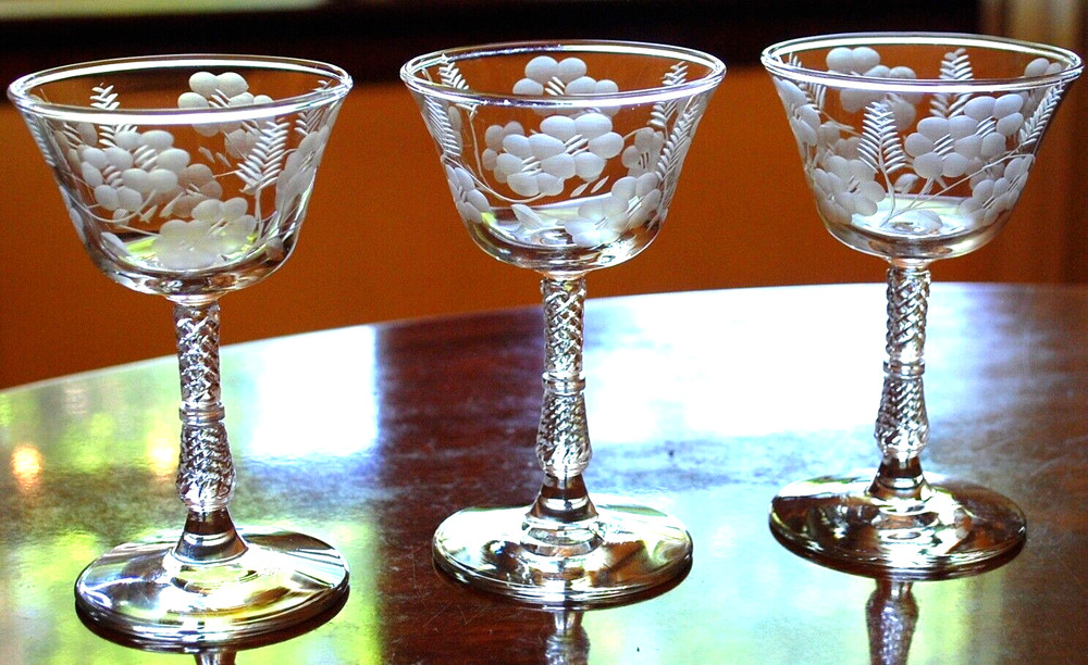 Vintage Set 3 ROCK SHARPE Liquor Cocktail Glasses ‘BLOSSOMS’ Stem 3007 Floral 5″