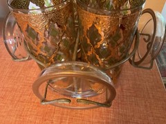 4 Vtg Valencia Green 22K Gold-Plate Culver Collins bar Glasses Caddy coaster
